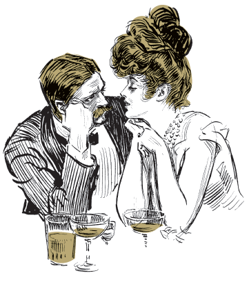 Illustration of a man and a woman talking over drinks