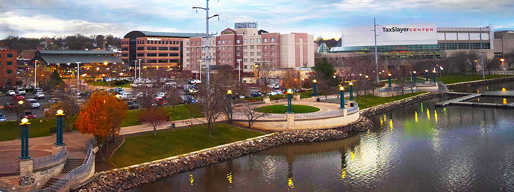Wide-angle shot of the Downtown Moline Riverfront